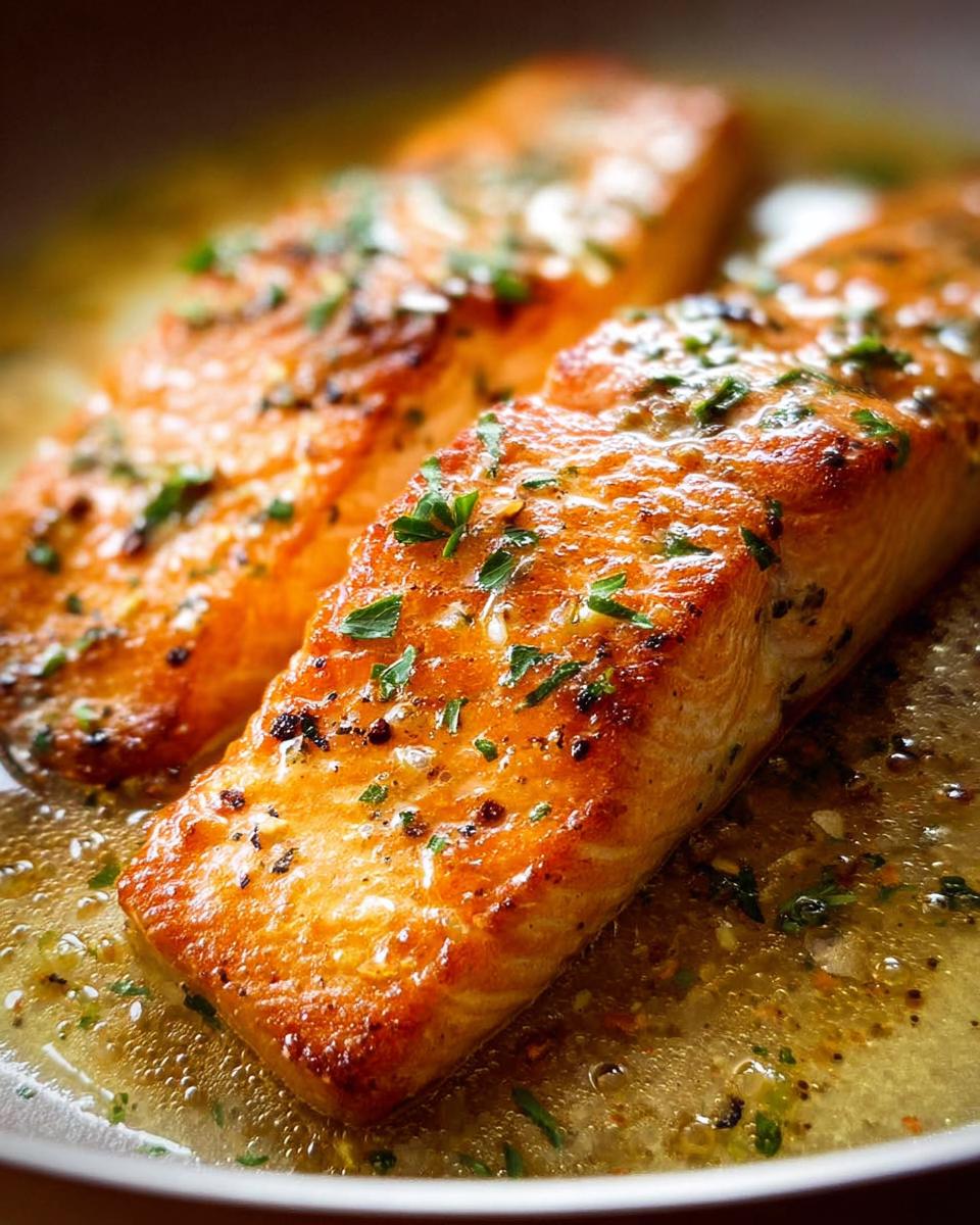 Close-up of two perfectly cooked salmon fillets in a buttery sauce, seasoned with herbs, showcasing restaurant-style salmon recipes at home.