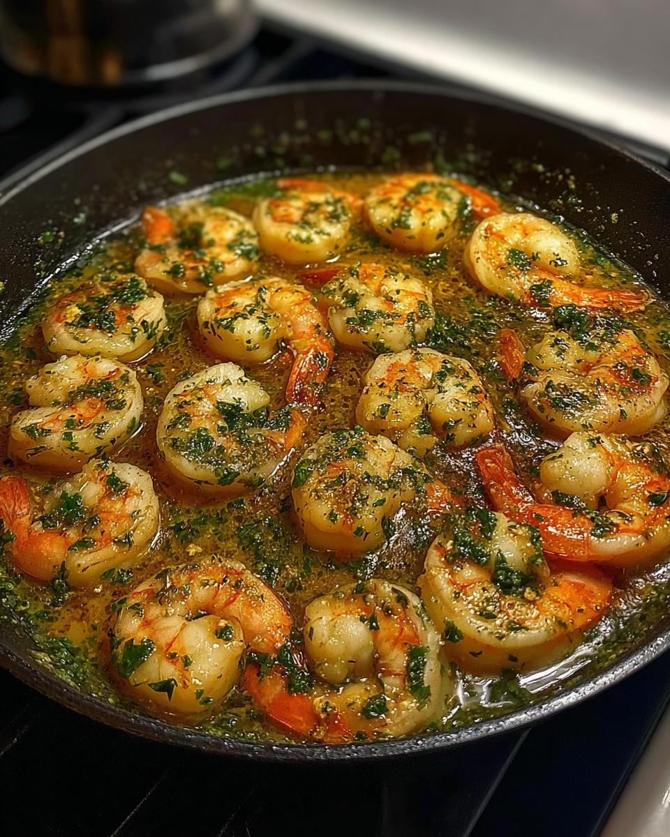 Close-up of restaurant-style shrimp recipe in a cast-iron skillet with garlic butter sauce and parsley.