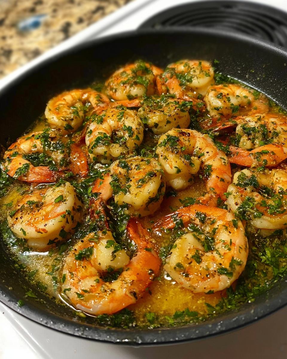 Close-up of juicy, pan-seared shrimp cooked in garlic butter and herbs, perfect for restaurant-style shrimp recipes at home.
