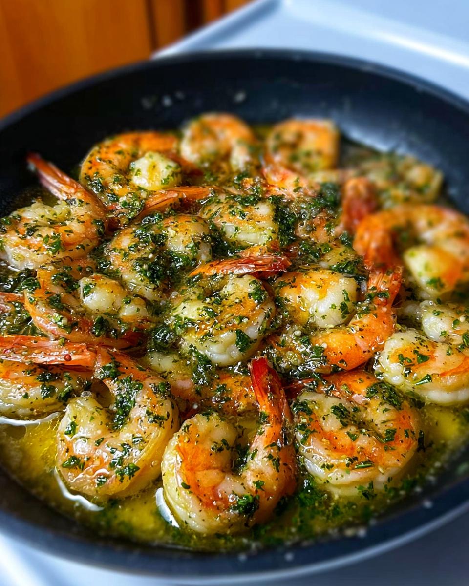 Close-up of juicy, perfectly cooked garlic butter shrimp in a pan, a delicious restaurant-style shrimp recipe.