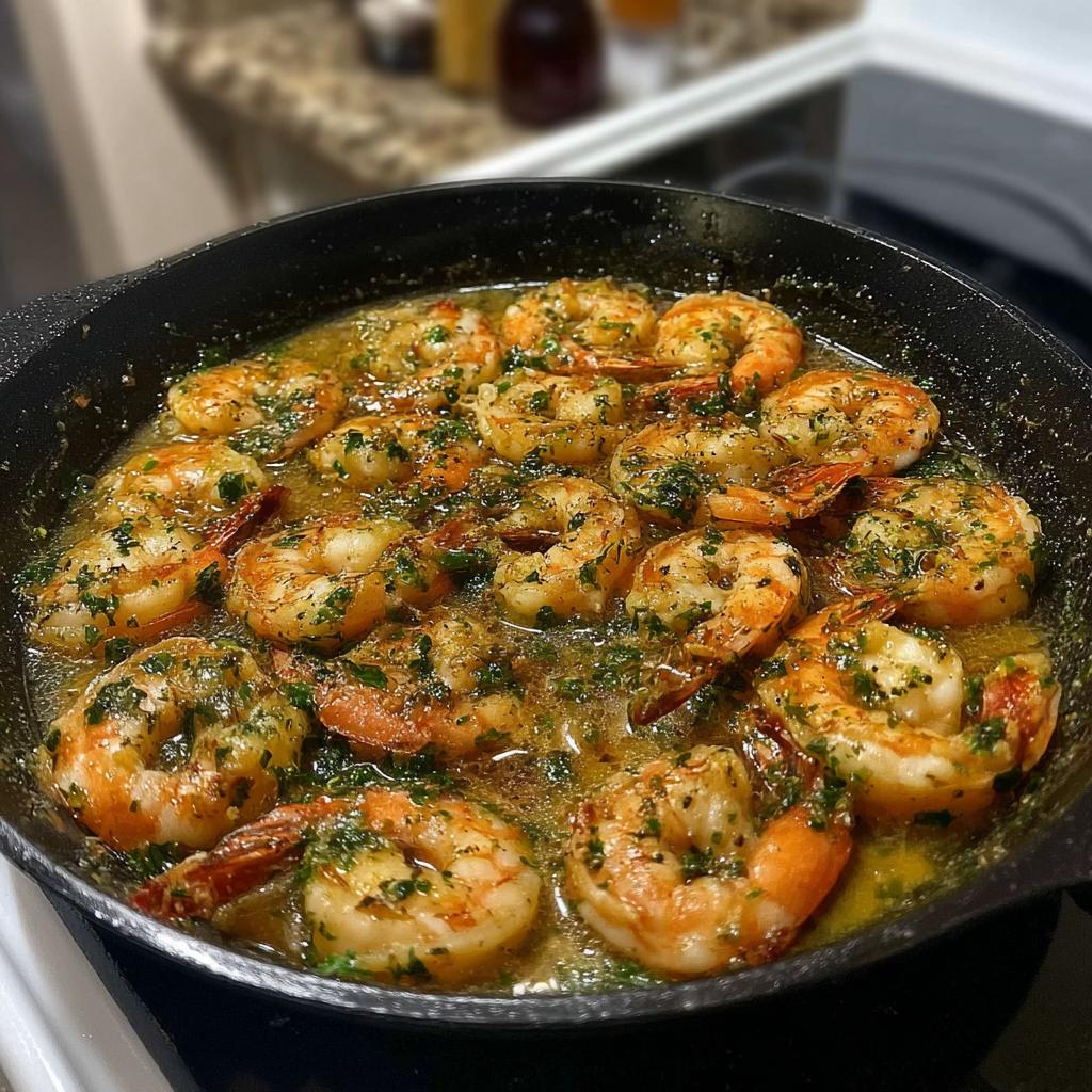 Close-up of juicy, pan-seared shrimp in a buttery garlic herb sauce, a perfect restaurant-style shrimp recipe at home.