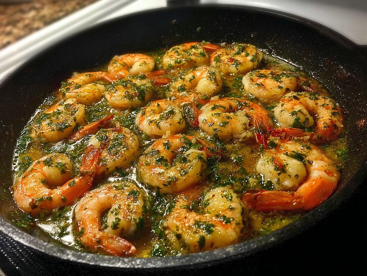 A close-up shot of a skillet filled with succulent shrimp cooked in a flavorful sauce, a perfect example of restaurant-style shrimp recipes at home.