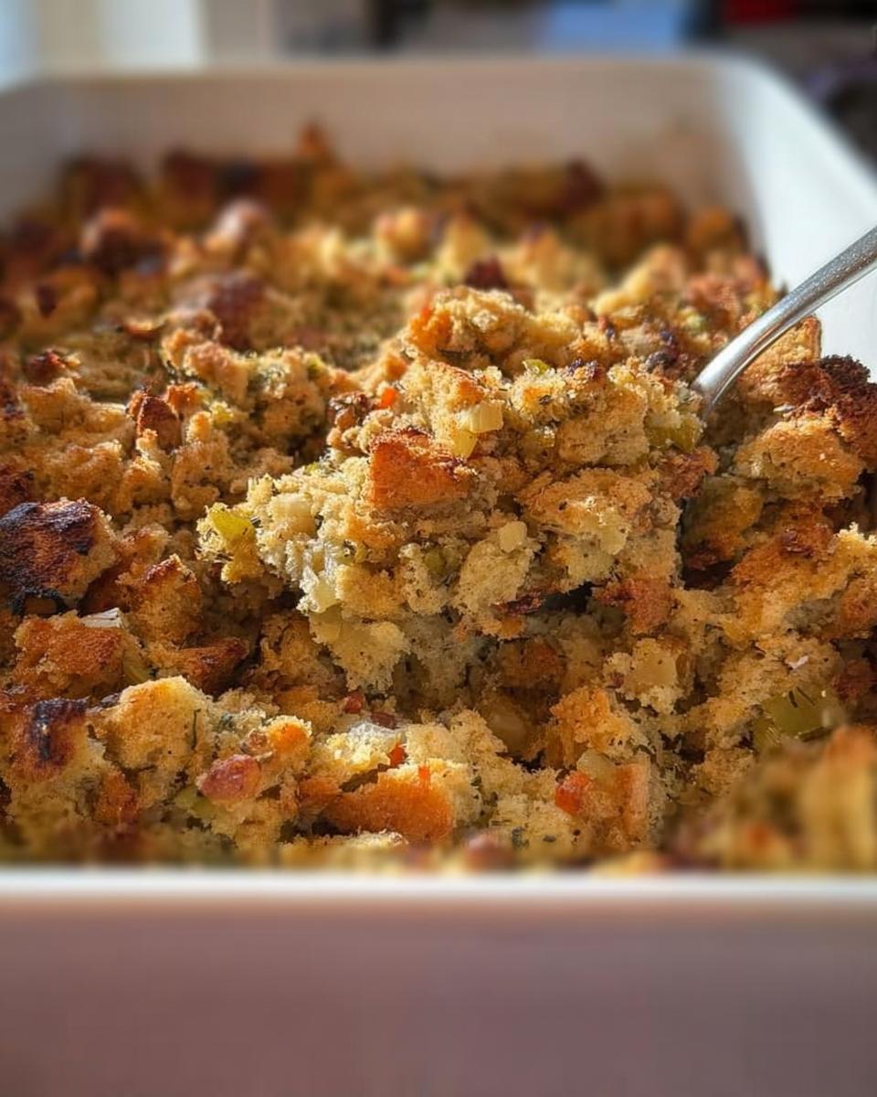 Close-up of a fork scooping out a portion of homemade restaurant-style stuffing.
