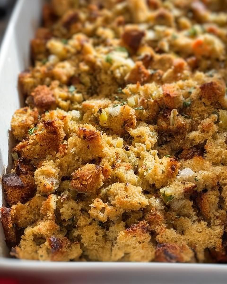 A close-up of freshly baked restaurant-style stuffing in a white baking dish, perfect for home cooking.