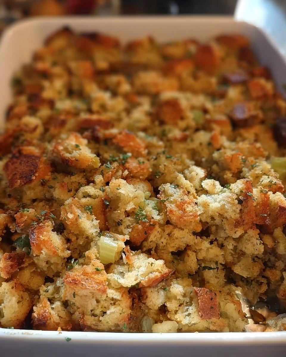 Close-up of a golden-brown, fluffy stuffing with visible pieces of bread, celery, and herbs, perfect for restaurant-style stuffing recipes at home.