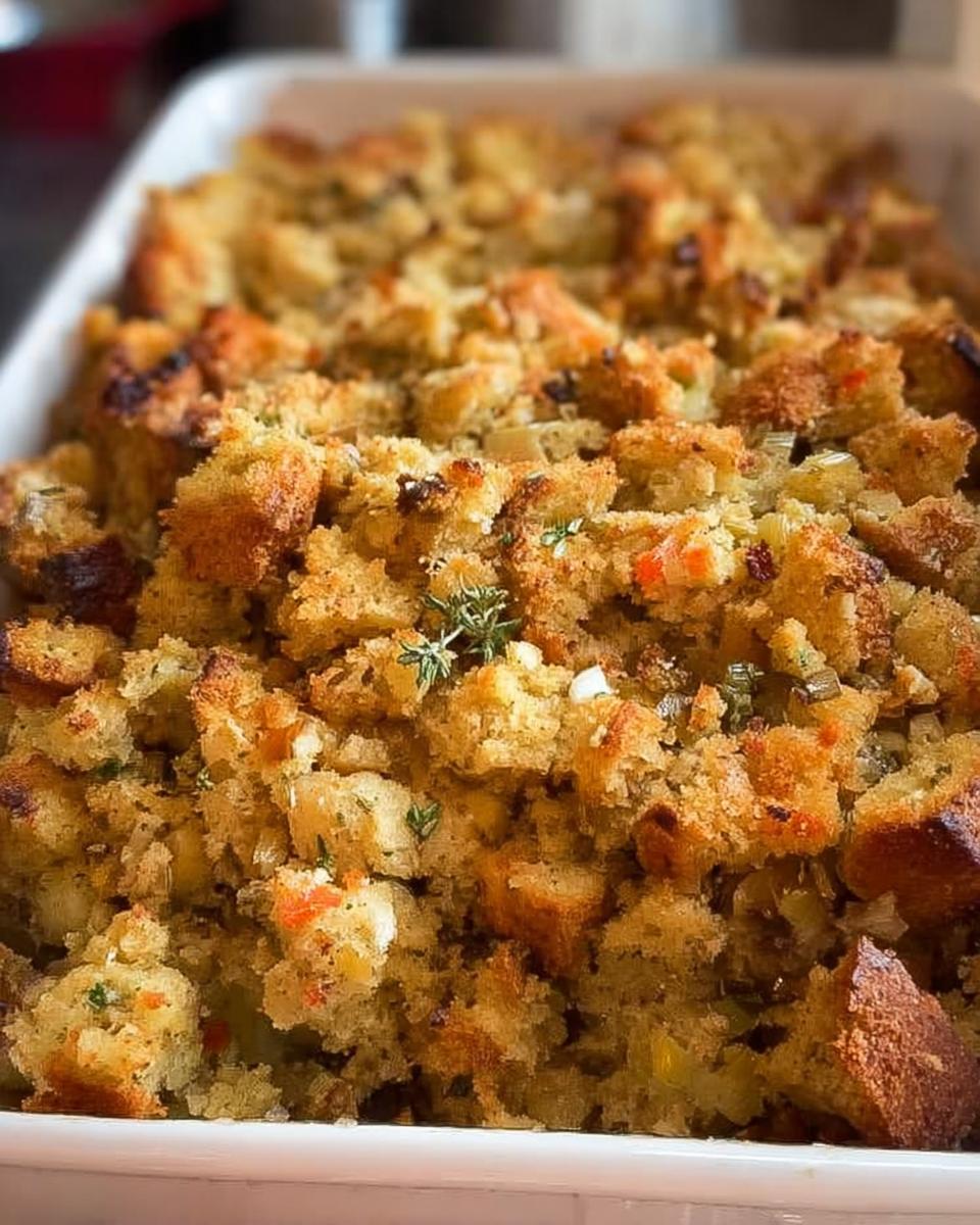 Close-up of a golden-brown, freshly baked restaurant-style stuffing in a white baking dish.