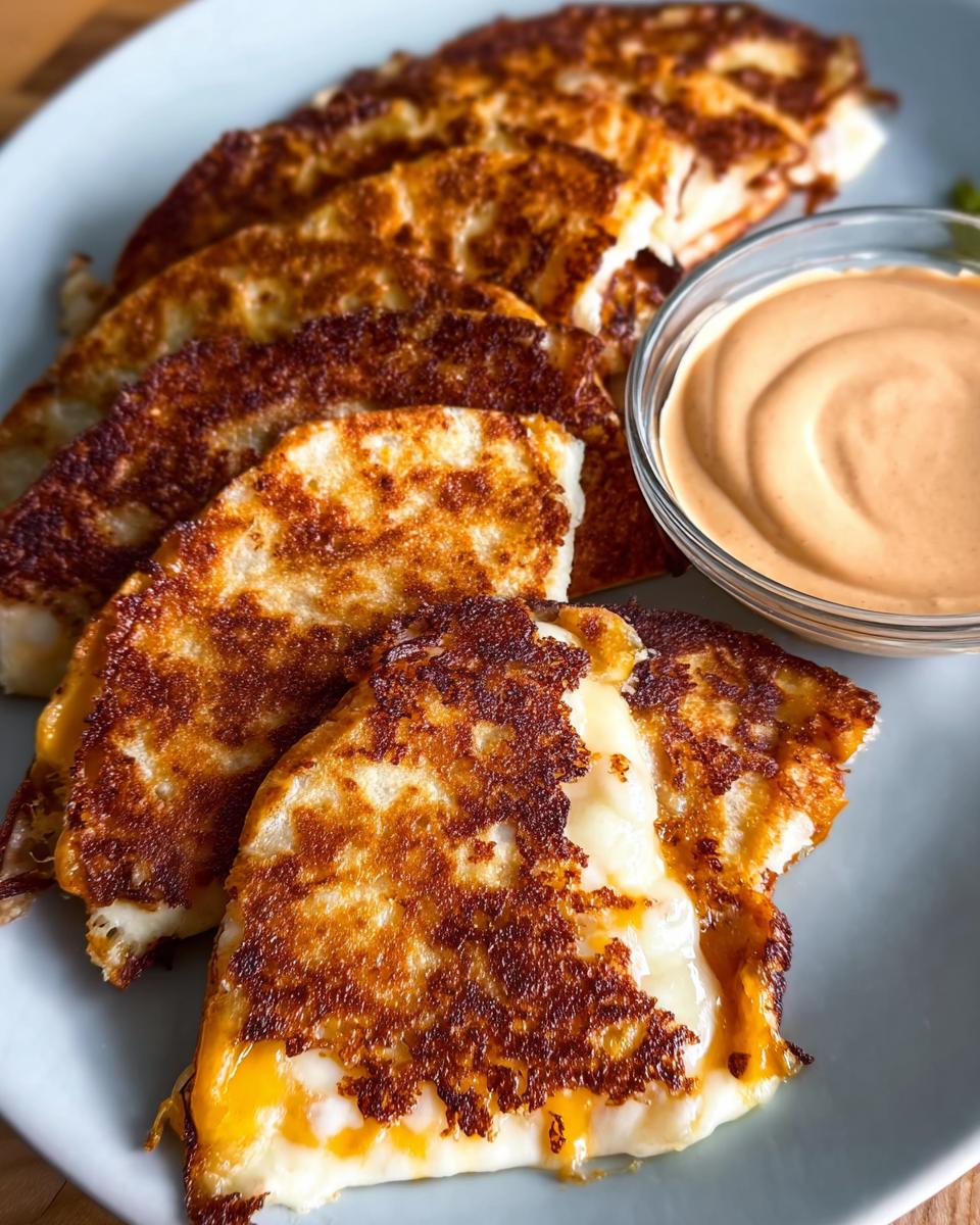 Golden brown, crispy cheese tacos served with a creamy dipping sauce, perfect for Restaurant-Style Taco Tuesday Recipes at Home.