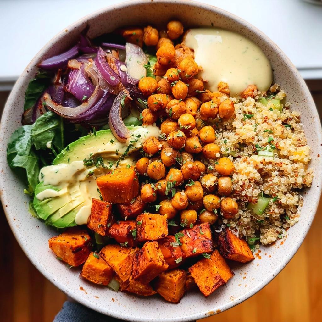 A vibrant rice bowl recipe featuring quinoa, roasted sweet potatoes, crispy chickpeas, avocado, and red onion, drizzled with dressing.