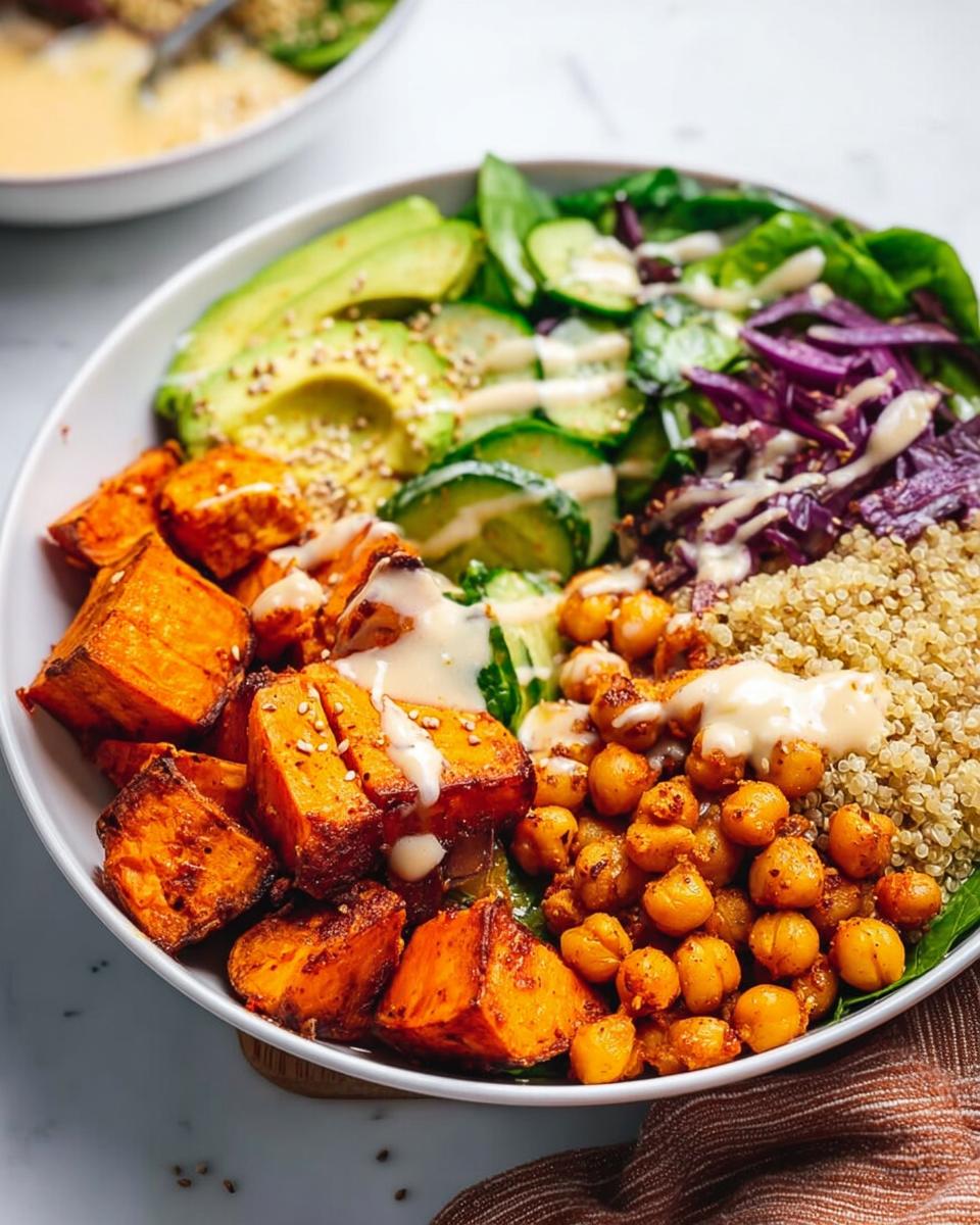 A vibrant rice bowl recipe featuring roasted sweet potatoes, chickpeas, avocado, cucumber, red cabbage, spinach, and quinoa, drizzled with tahini dressing.