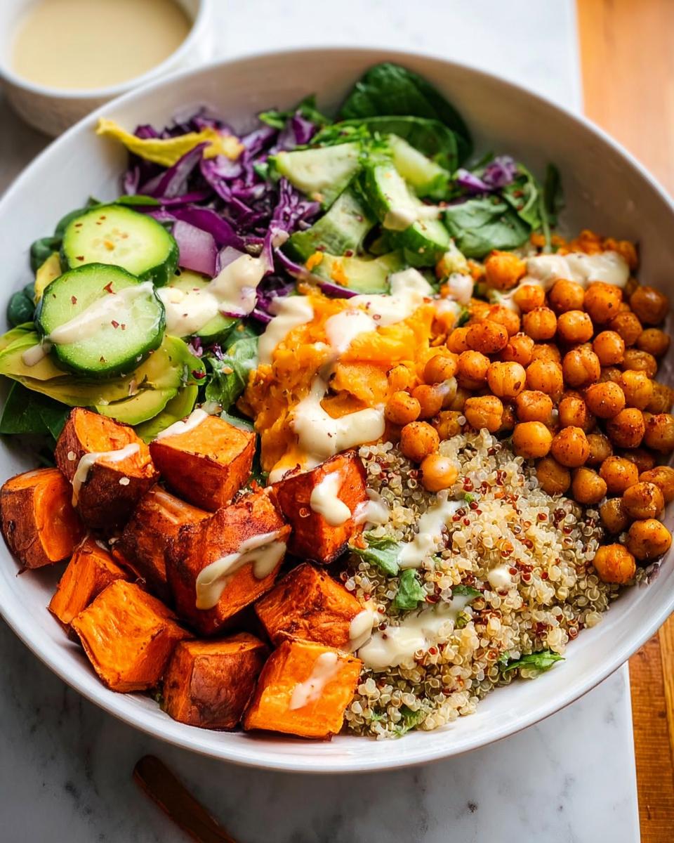 A vibrant rice bowl recipe featuring roasted sweet potatoes, chickpeas, quinoa, avocado, cucumber, and red cabbage, drizzled with a creamy dressing.