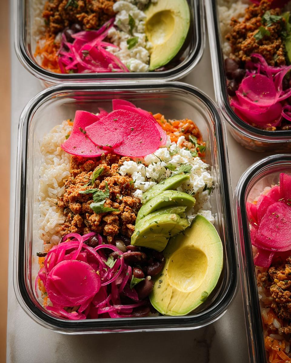 Four glass containers filled with colorful rice bowls recipes meal prep, featuring rice, seasoned meat, avocado, pickled onions, and cheese.
