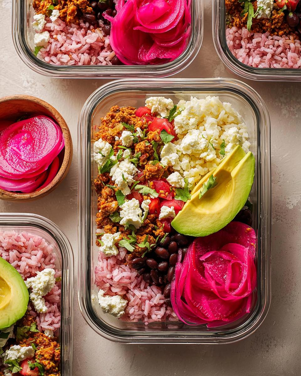 Overhead view of meal prep containers filled with rice bowls recipes, featuring pink rice, seasoned ground meat, black beans, avocado, cheese, and pickled onions.