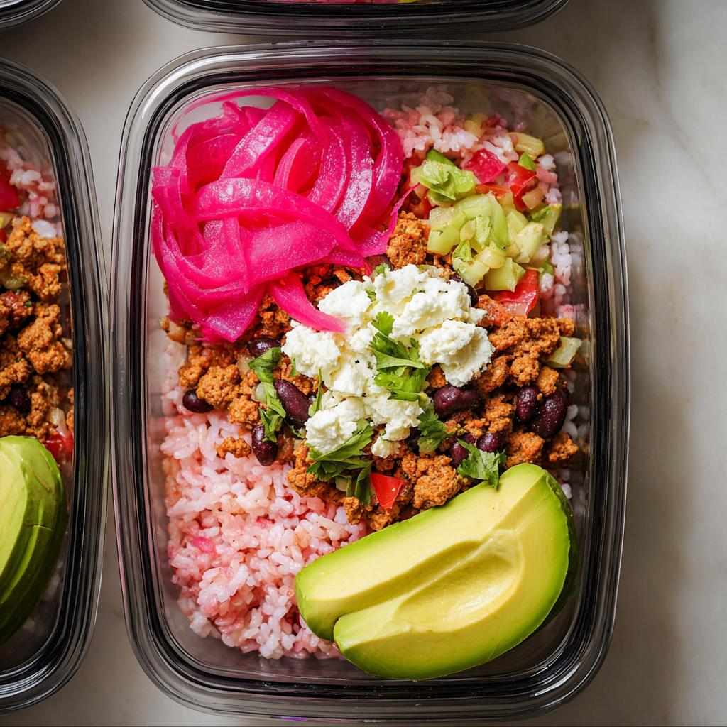 Overhead view of a meal prep container filled with rice bowls recipes, featuring seasoned ground meat, beans, rice, avocado, and pickled onions.