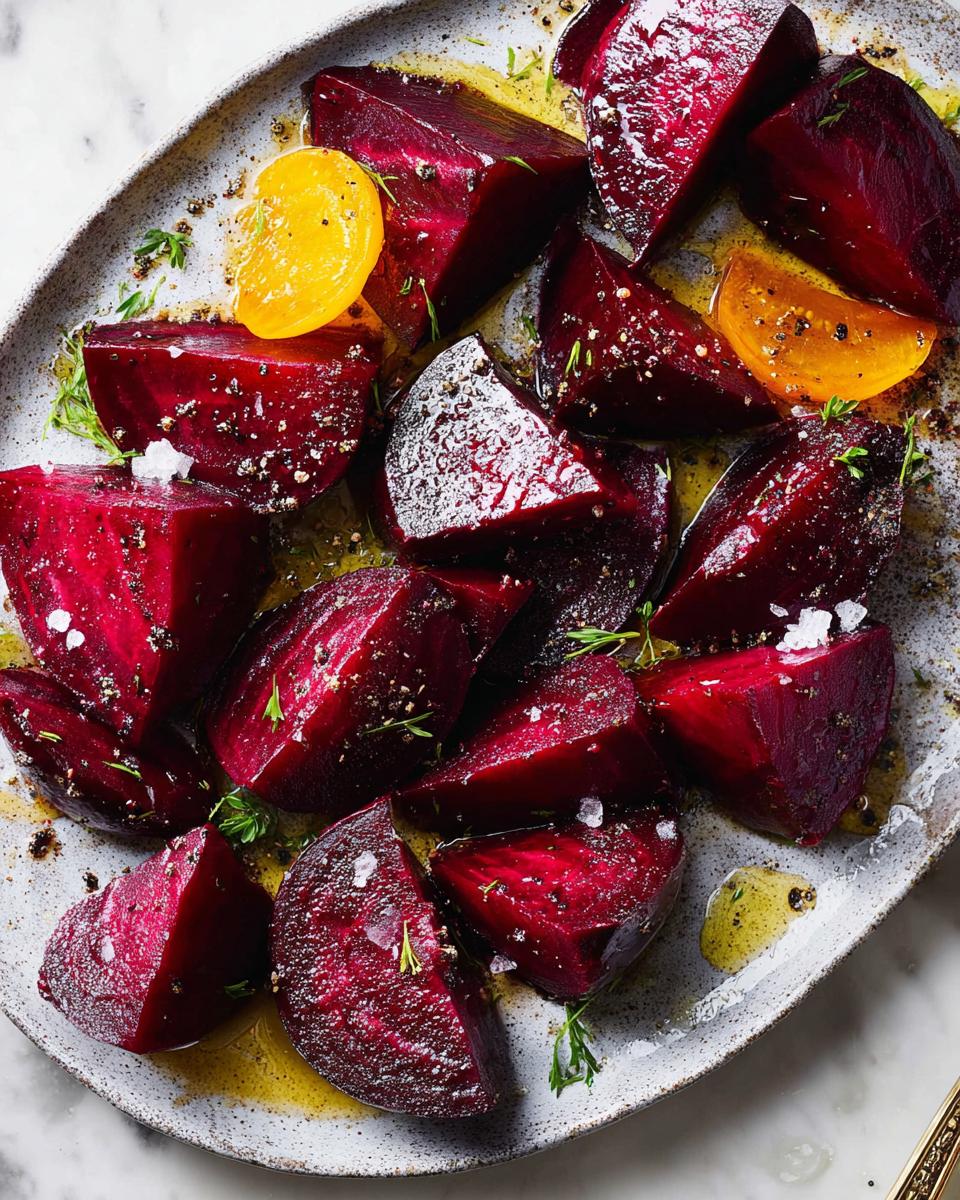 Close-up of roasted beet wedges seasoned with salt, pepper, and herbs, drizzled with olive oil.