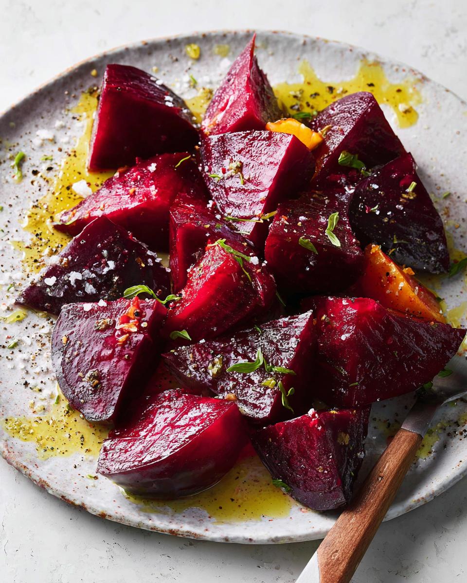 Close-up of roasted beet wedges drizzled with olive oil and sprinkled with herbs and sea salt, a perfect veggie side.