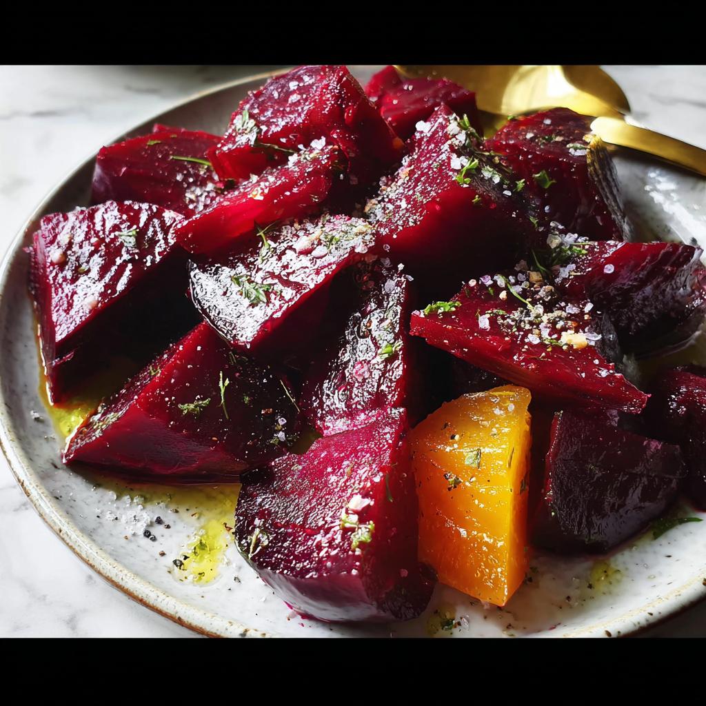Close-up of a plate of roasted beet wedges, seasoned with herbs and salt, a perfect veggie side.