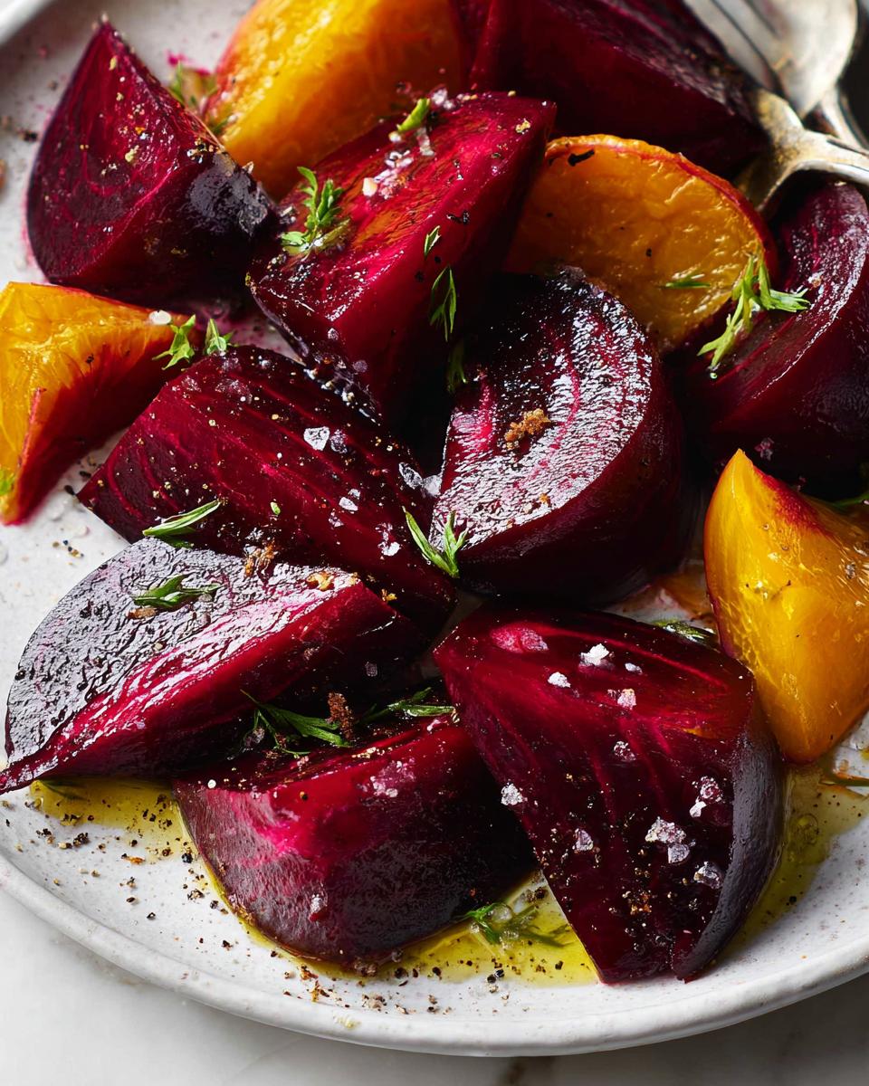 Close-up of roasted beets and golden beets, seasoned with herbs and salt, as a perfect veggie side dish.