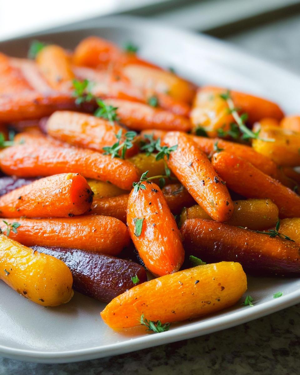 A close-up of a platter of roasted carrots, featuring a mix of orange and purple varieties, seasoned and garnished with fresh herbs.