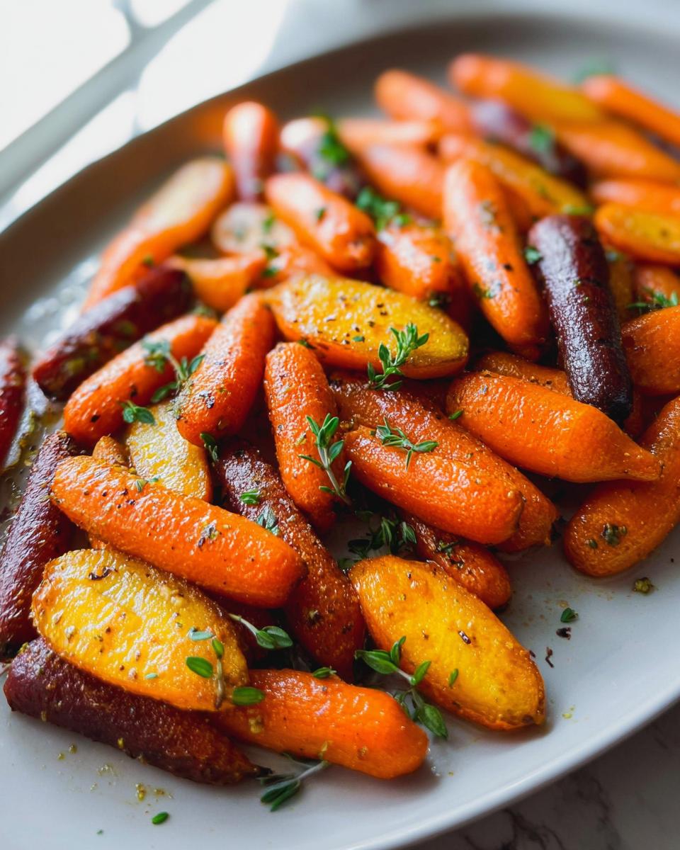 Close-up of roasted baby carrots in various colors, seasoned with herbs and spices, perfect for veggie sides recipes meal prep.