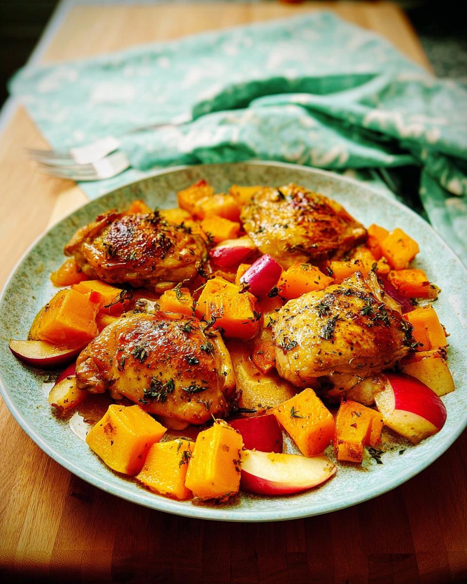 A plate of roasted chicken thighs served with cubes of butternut squash and apple slices, seasoned with herbs.