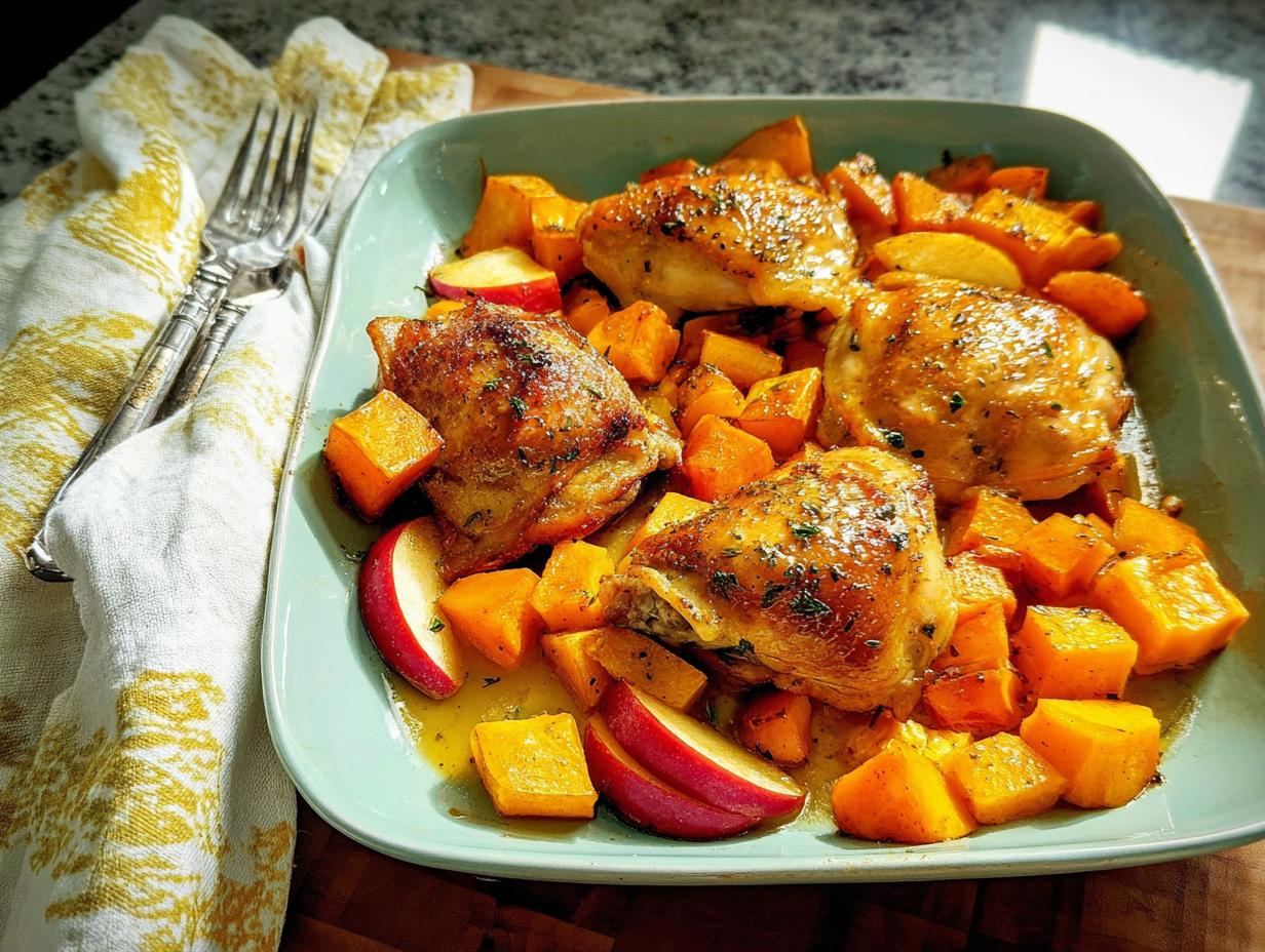 Close-up of roasted chicken thighs with butternut squash and apple slices on a light blue platter.