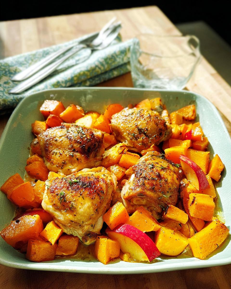 Four golden-brown roasted chicken thighs nestled amongst cubes of butternut squash and slices of red apple in a baking dish.