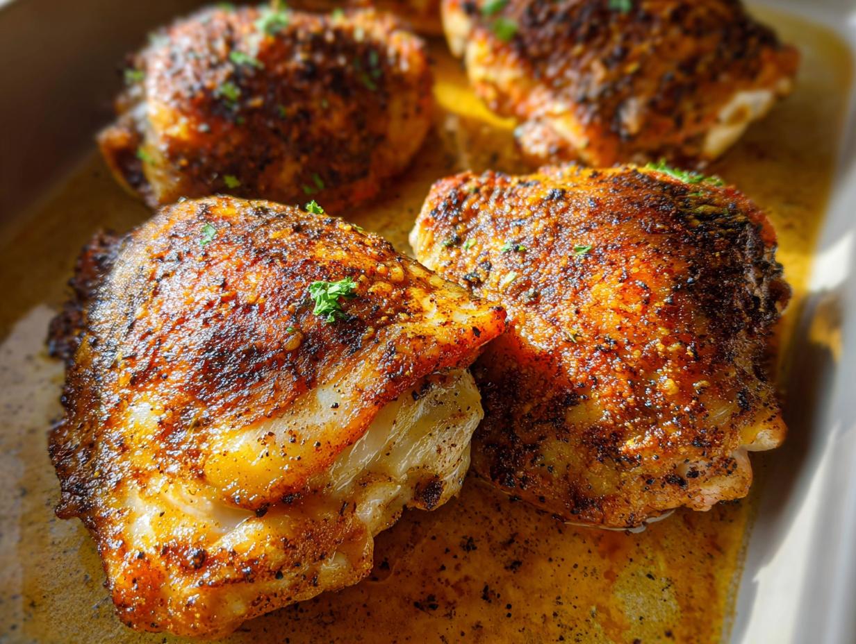 Close-up of juicy, crispy-skinned roasted chicken thighs seasoned with herbs and spices.