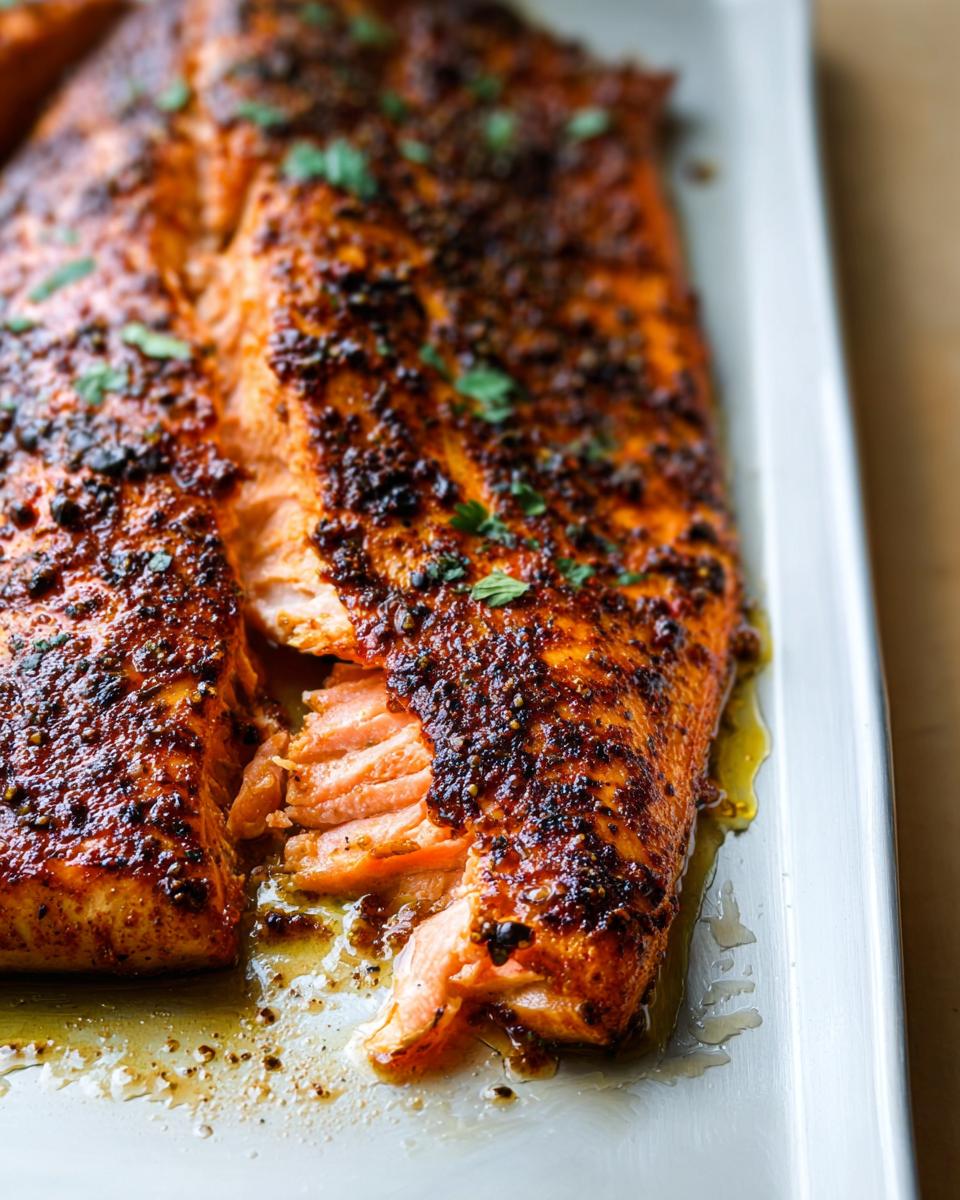 A close-up of a flaky, seasoned salmon fillet, showcasing its moist texture and rich color. This is one of many salmon recipes.