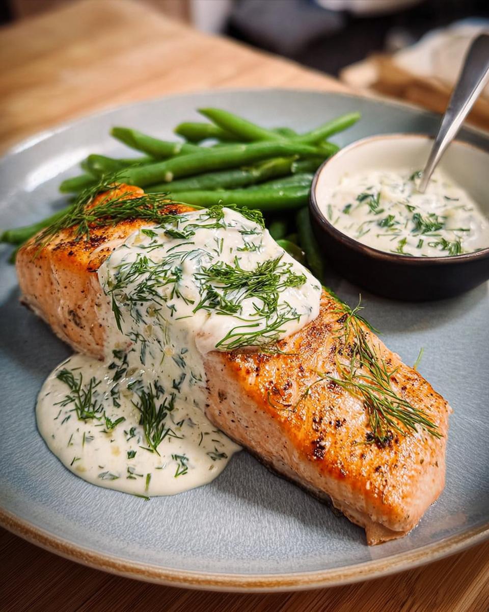 A perfectly cooked salmon fillet, topped with creamy dill sauce and fresh dill, served with green beans.