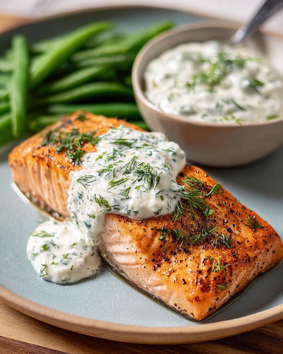 A perfectly cooked salmon fillet topped with creamy dill sauce, served with green beans and a side of sauce.