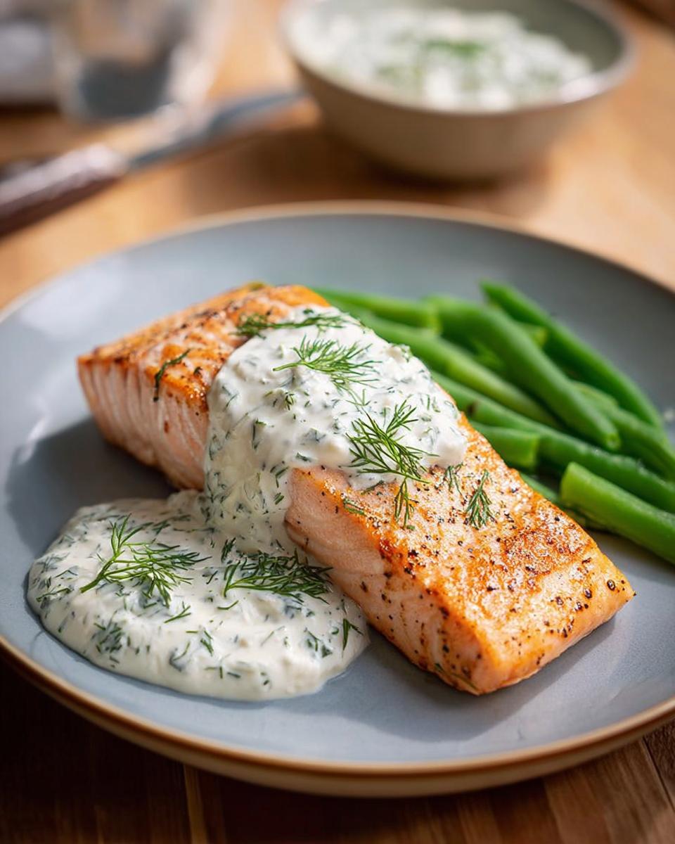 Two perfectly cooked salmon fillets topped with creamy dill sauce and served with green beans. This is a popular salmon recipe.