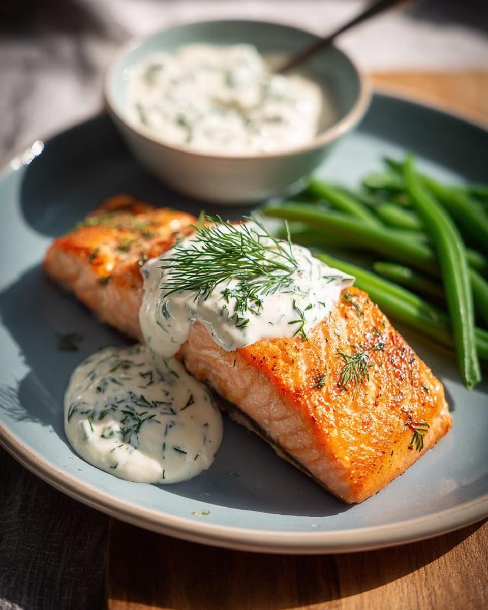 Two perfectly cooked salmon fillets served with a creamy dill sauce and fresh green beans. This is a delicious salmon recipe.