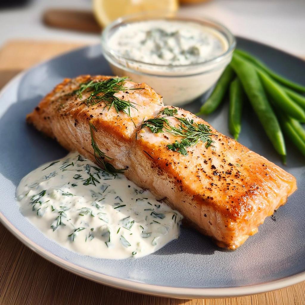 A perfectly cooked salmon fillet served with a creamy dill sauce and fresh green beans, part of a popular salmon recipe.