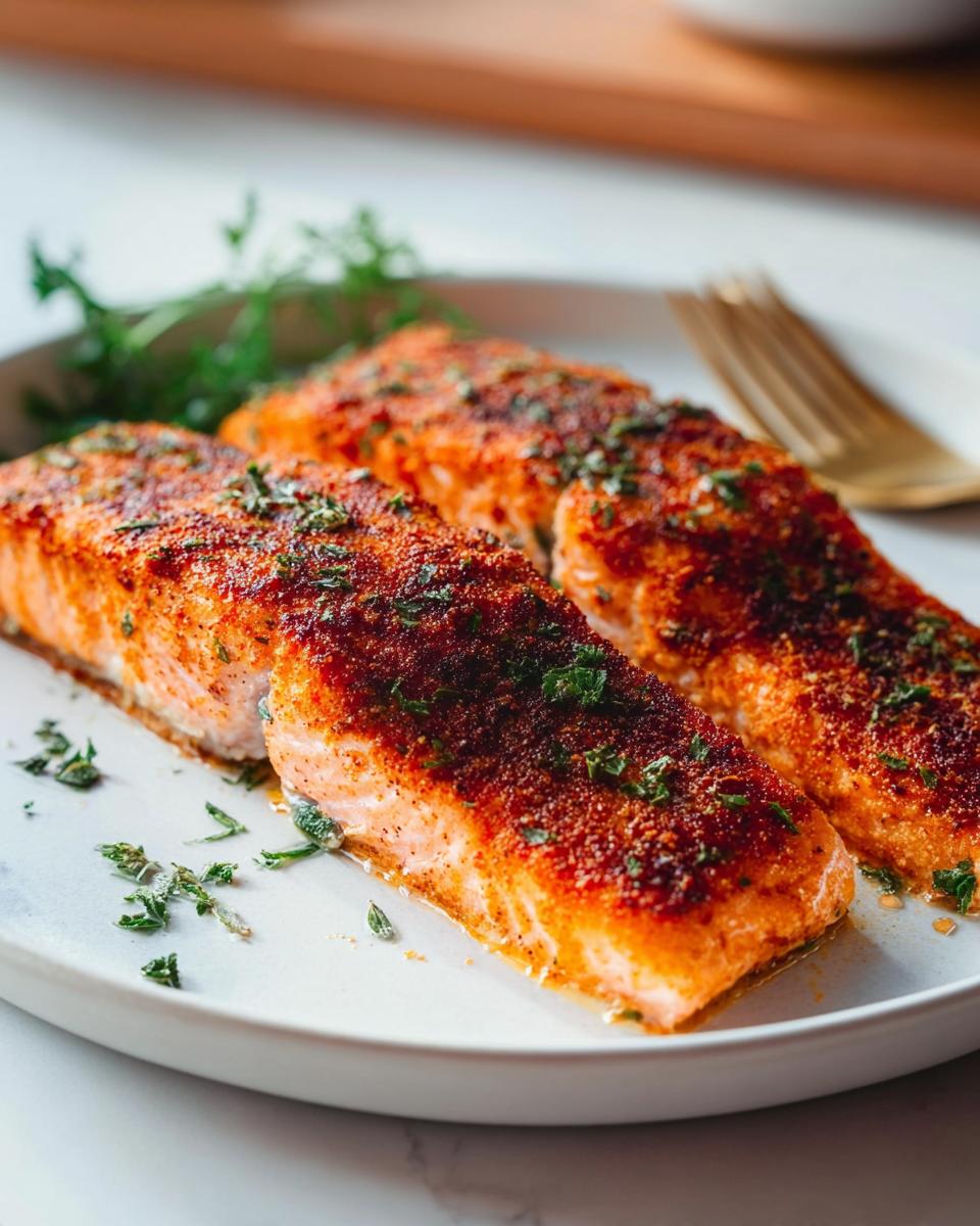 Three perfectly cooked salmon fillets seasoned with spices and herbs, ready to be served as part of The Ultimate Salmon Recipes Guide for Beginners.