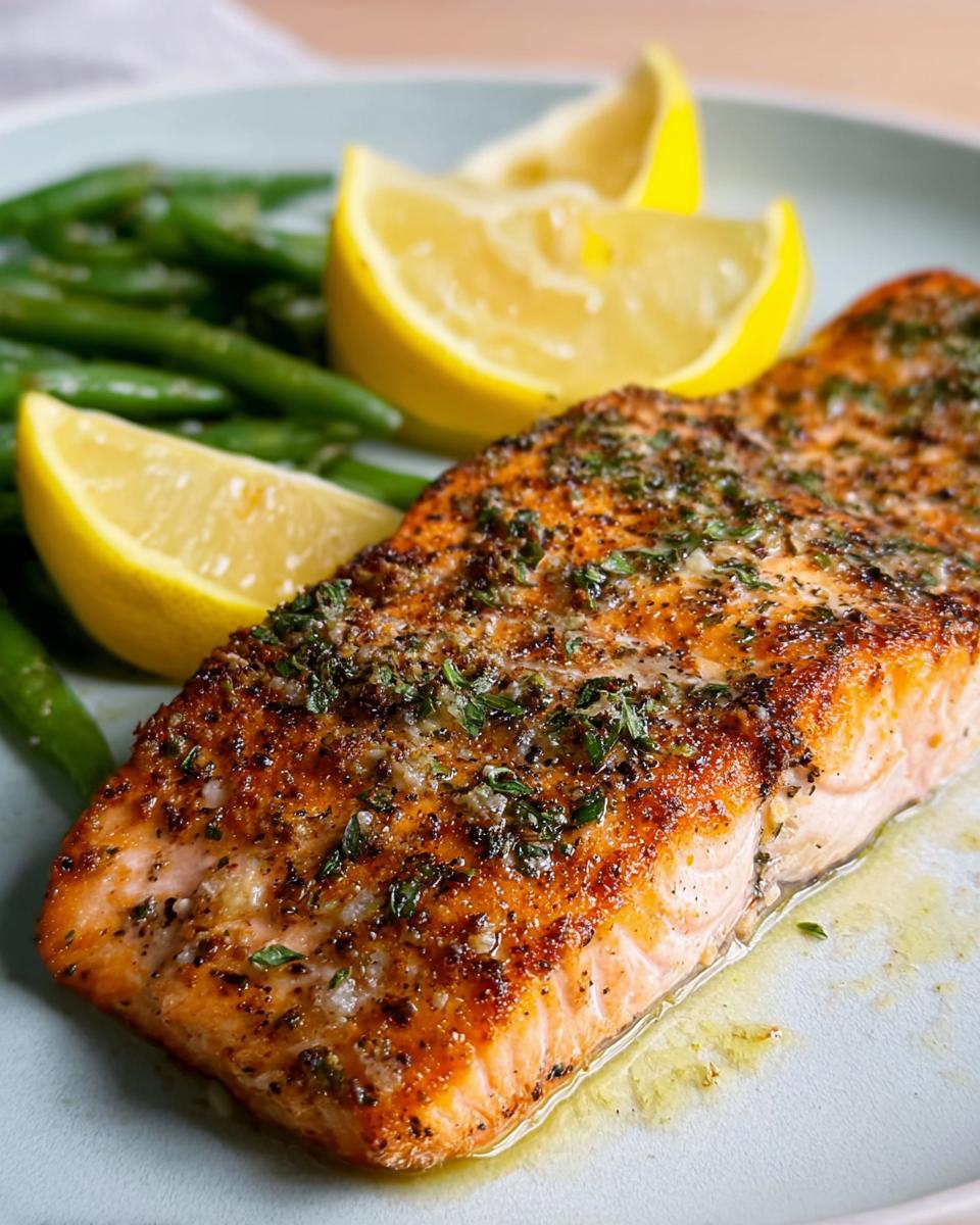 A close-up of a delicious salmon fillet seasoned with herbs and spices, served with steamed green beans and lemon wedges.