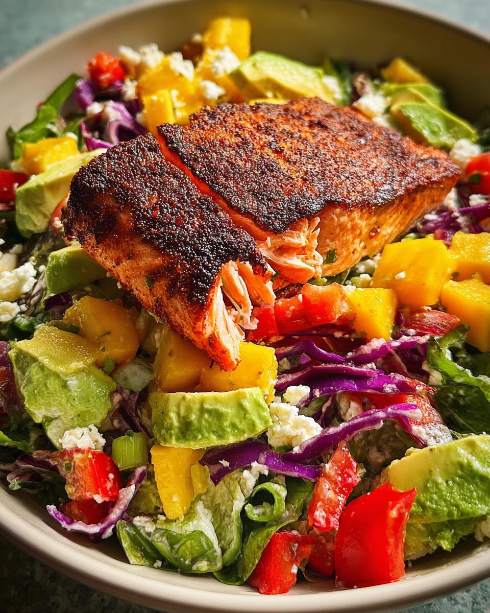 A vibrant salad featuring a perfectly cooked salmon fillet, avocado, mango, red cabbage, and feta cheese. One of our best Salmon Recipes in 15 Minutes.