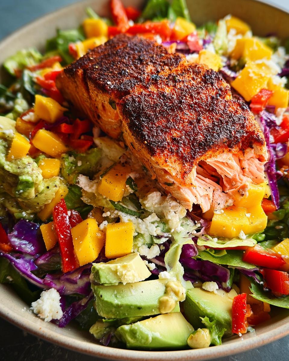 A vibrant salad topped with a perfectly cooked piece of salmon, featuring mango, avocado, and red cabbage. Part of our Salmon Recipes in 15 Minutes series.