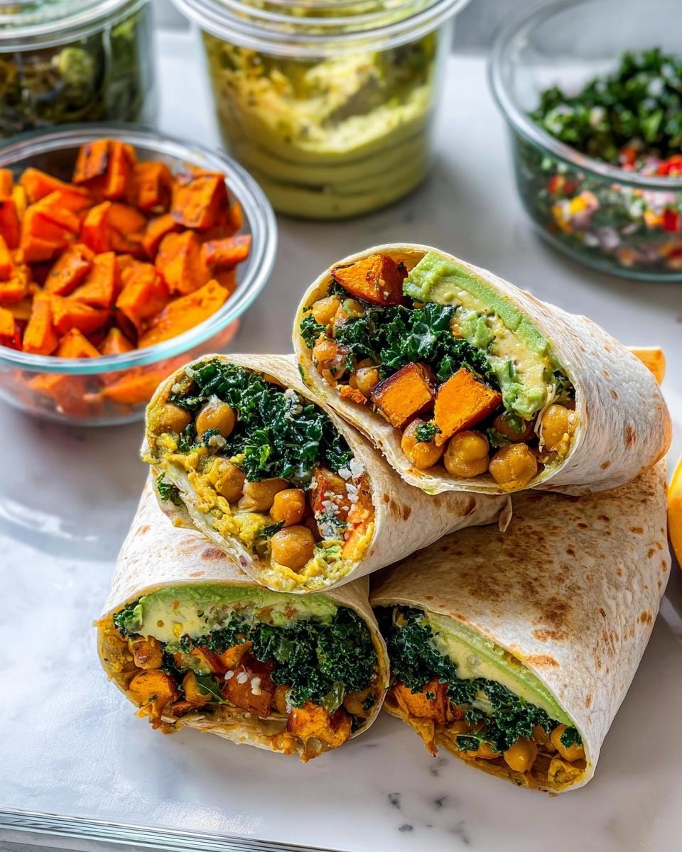 Close-up of three healthy sandwich ideas: wraps filled with chickpeas, sweet potatoes, kale, avocado, and a creamy spread.
