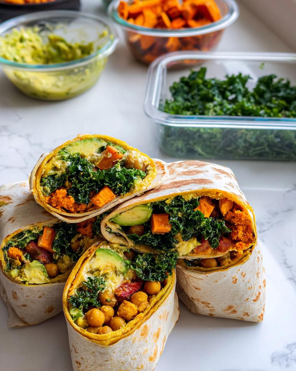 Close-up of healthy meal prep wraps filled with sweet potato, kale, chickpeas, avocado, and hummus.