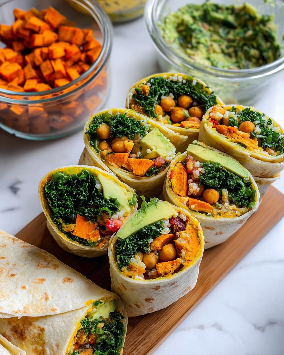 Close-up of several meal prep wraps filled with sweet potatoes, chickpeas, kale, avocado, and rice. Sandwich Ideas Recipes Meal Prep.