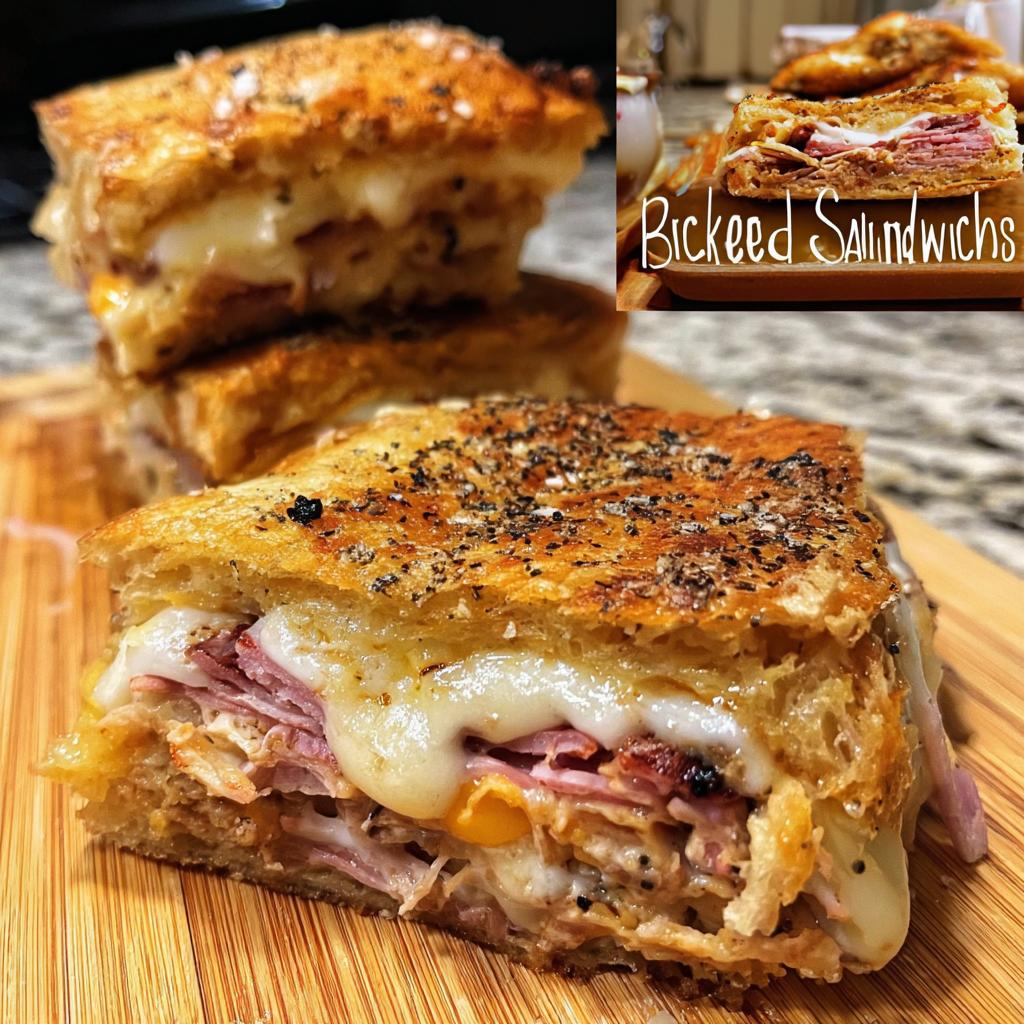 Close-up of a gourmet sandwich with layers of meat, cheese, and toasted bread, a perfect example of sandwich ideas recipes.