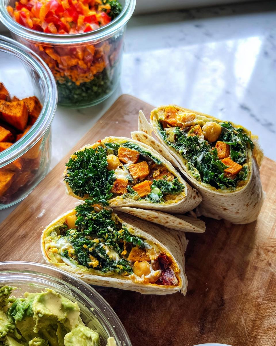 Close-up of three halves of a wrap sandwich, filled with sweet potatoes, kale, chickpeas, and a creamy sauce. Meal prep sandwich ideas.