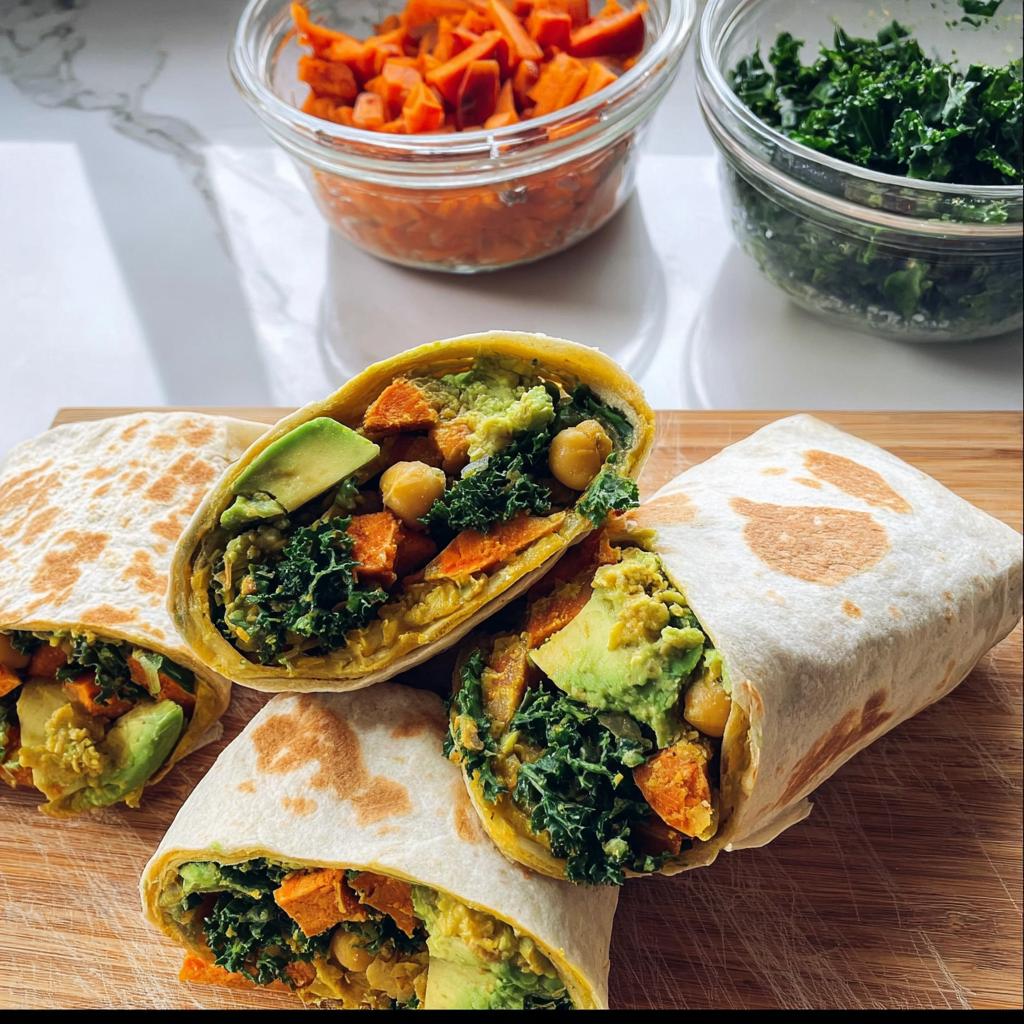 Delicious wraps filled with avocado, sweet potato, chickpeas, and kale, perfect for sandwich ideas recipes meal prep.