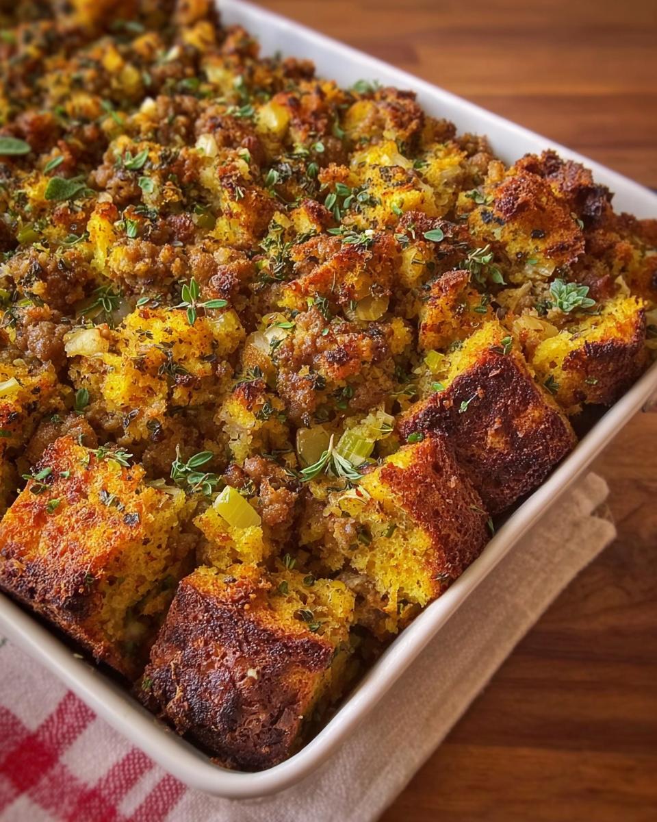Close-up of a hearty sausage cornbread stuffing in a white baking dish, garnished with fresh herbs.