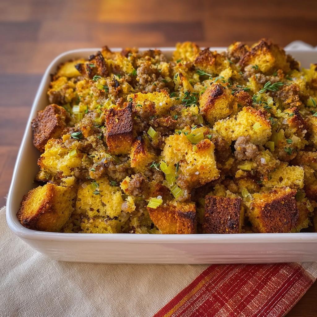 A close-up of a white baking dish filled with delicious sausage and cornbread stuffing, a perfect side dish for busy weeknights.