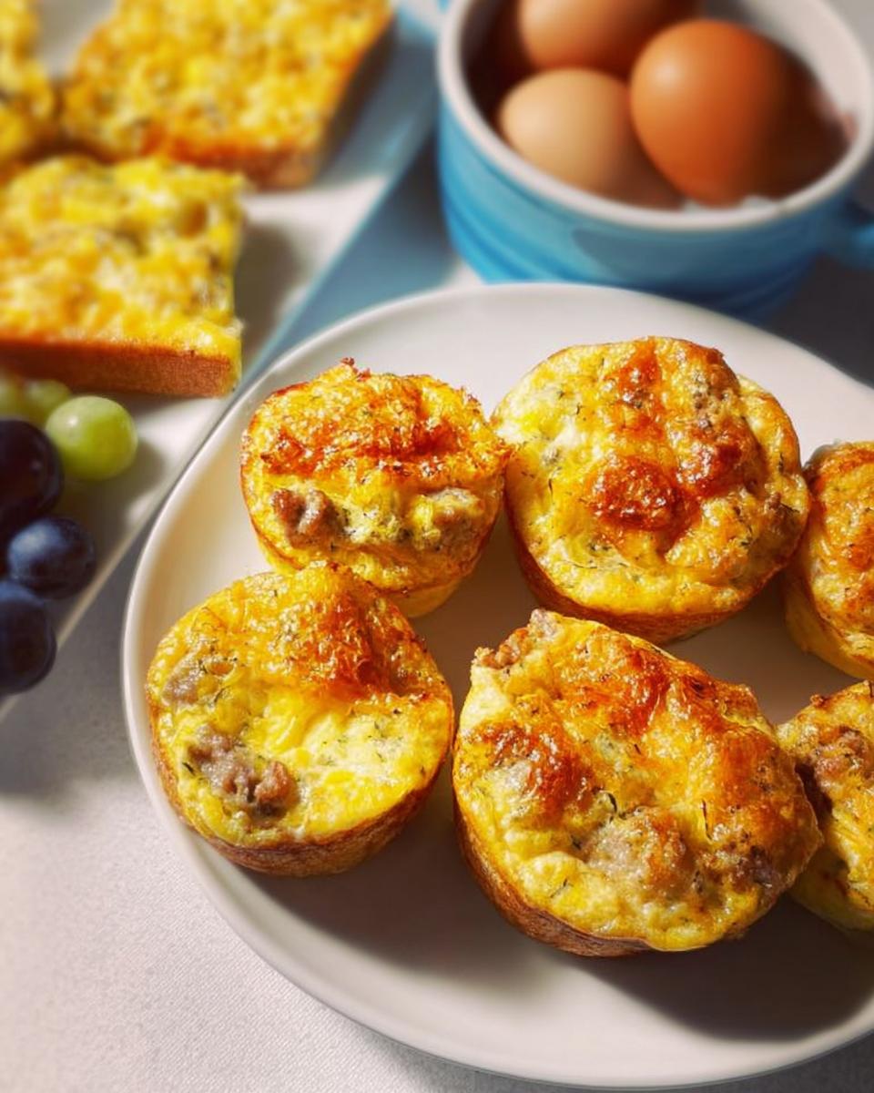 Close-up of golden-brown sausage egg muffins, a perfect addition to 20-Ingredient Breakfast Ideas.