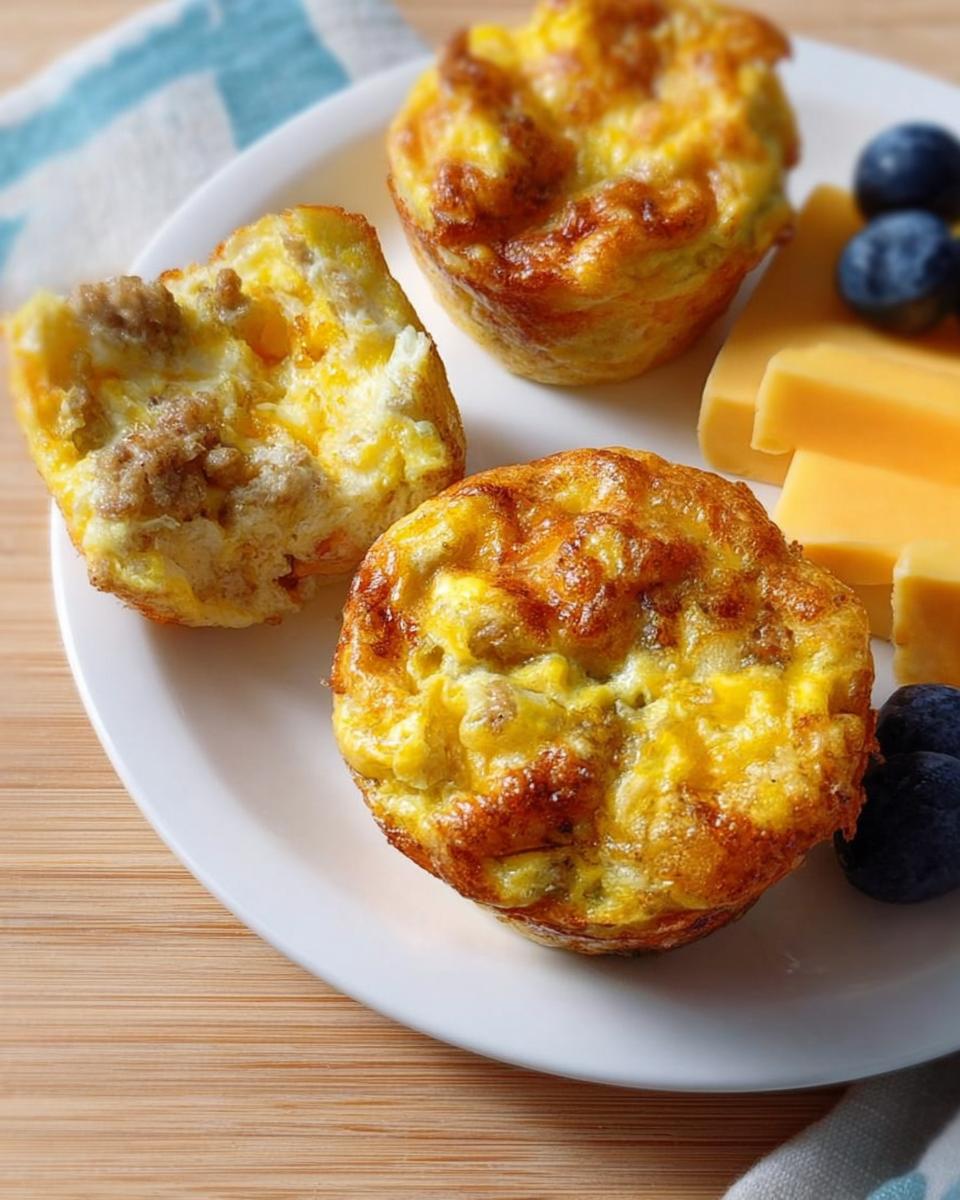 Three savory sausage and egg muffins on a white plate, served with cheese slices and blueberries. Part of 20-Ingredient Breakfast Ideas Recipes.