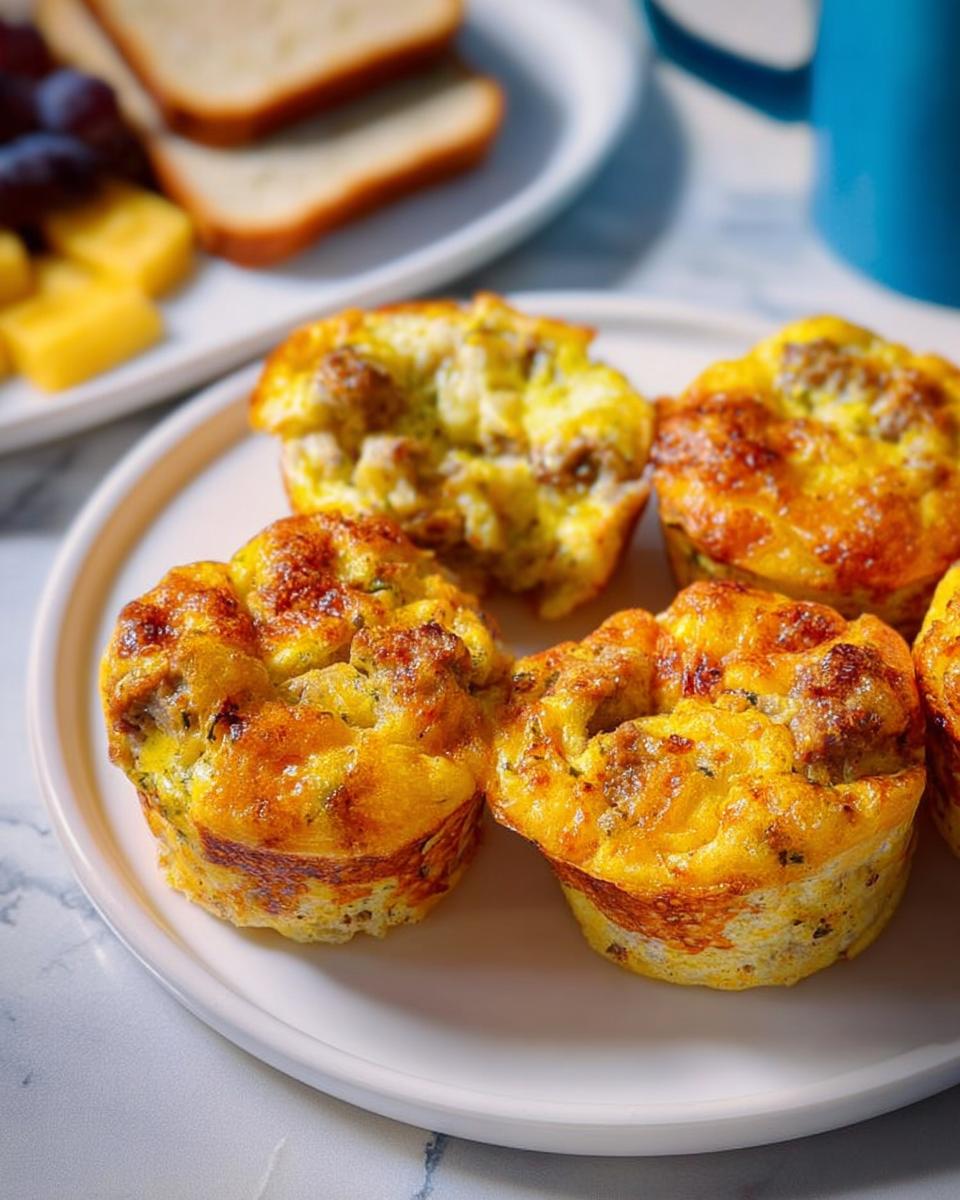 Close-up of golden-brown sausage egg muffins, a perfect addition to 20-Ingredient Breakfast Ideas.