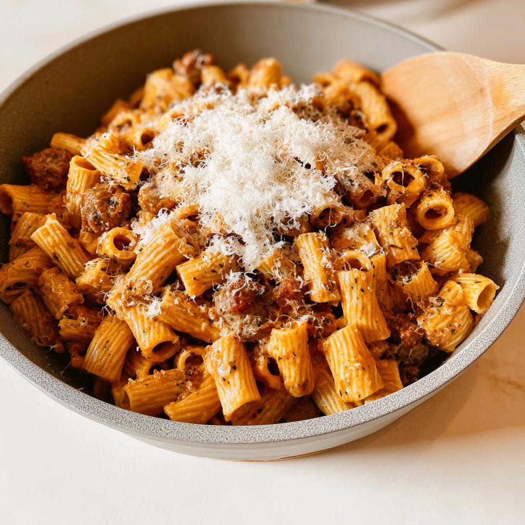 A bowl of rigatoni pasta with sausage and topped with grated parmesan cheese, perfect for busy weeknights.