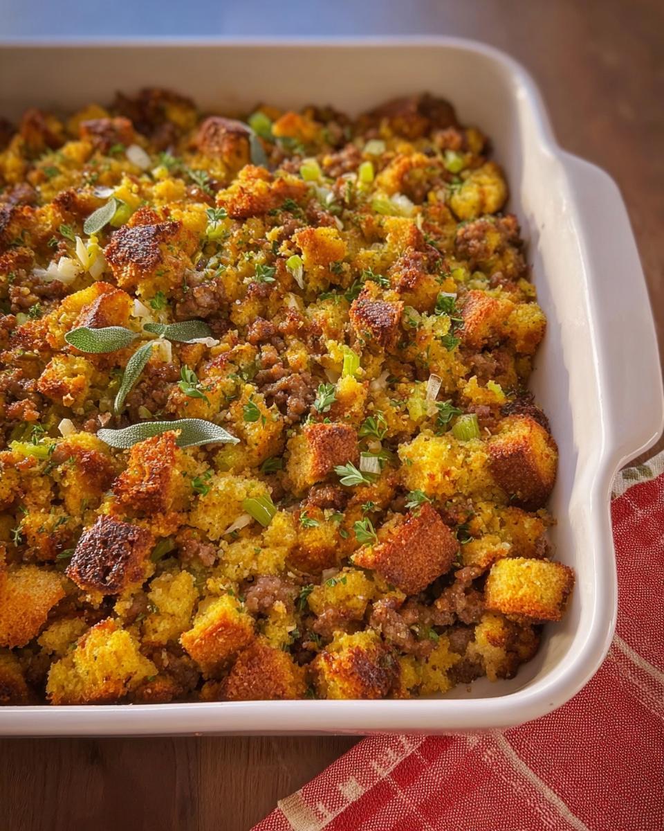 A close-up of a white baking dish filled with homemade sausage stuffing, garnished with fresh herbs.